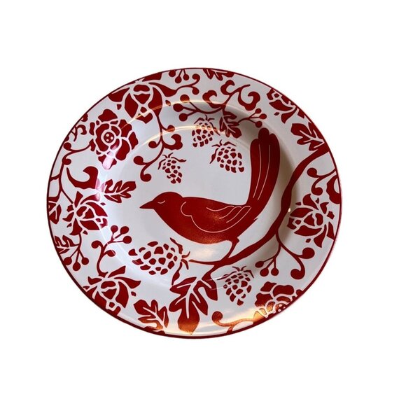 Set Of 4 Pier 1 Bird & Floral Red/White Stoneware Salad Plates Boho Excellent UC - Picture 1 of 7